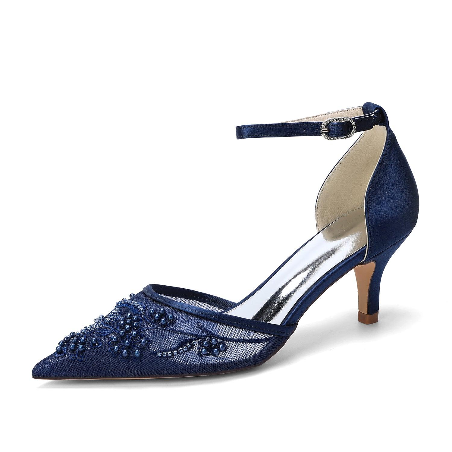 Stiletto Heel 6cm Lace Silk-Like Pearl Embroidered Mesh Shoes CK0494 - 10 Days / Dark Blue / 35 - COCOMELODY